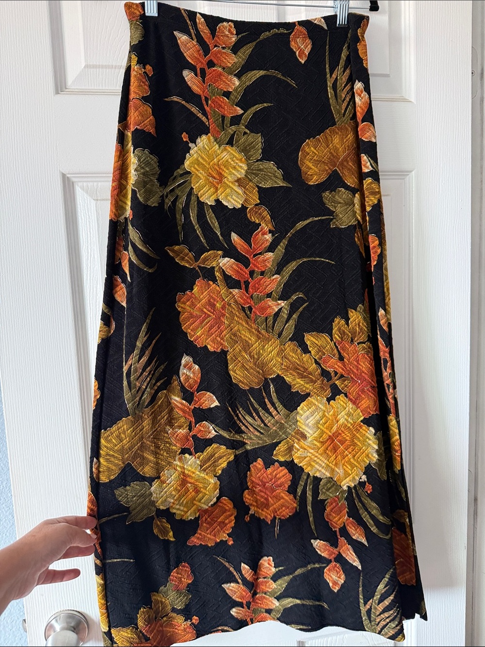 Vintage Black Maxi Skirt with Orange and Gold Floral Print